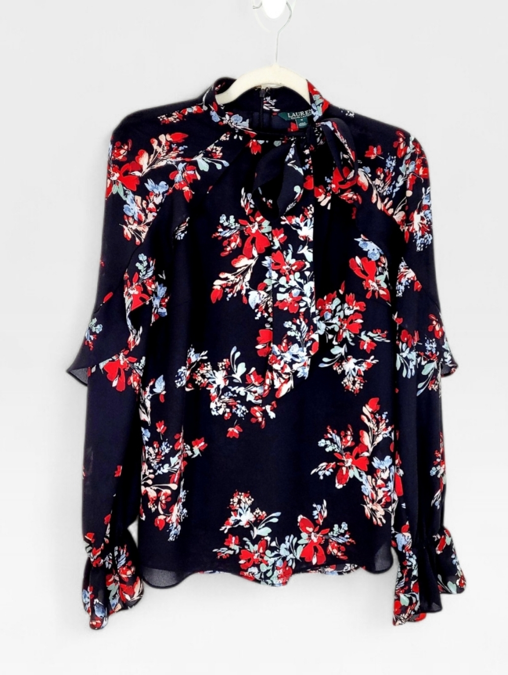 Lauren Ralph Lauren Black Multi Floral Tie-Neck Blouse Ruffle Trim Medium - Picture 2 of 10